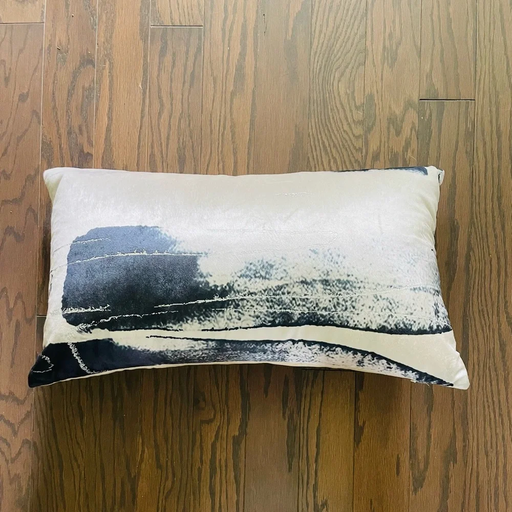 CALLISTO HOME Metallic Silver Foil Blue Velvet Lumbar Throw Pillow 14 x 23” New